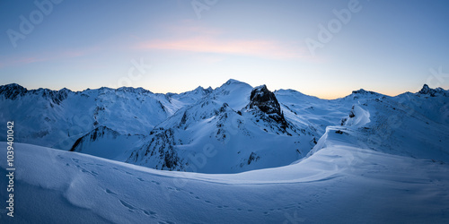 Panoramic view of mountains at sunrise; winter in Qeyras mountain range