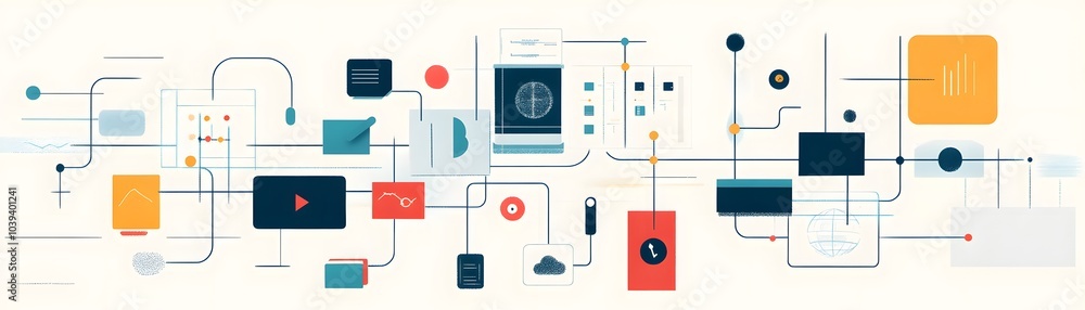 Fototapeta premium Colorful abstract digital design featuring interconnected shapes and lines, symbolizing technology and innovation.