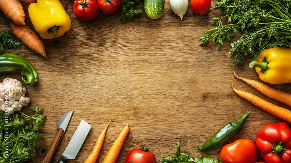 Fresh Vegetables and Herbs Border on Wooden Background Fresh Vegetables and Herbs Border on Wooden Background