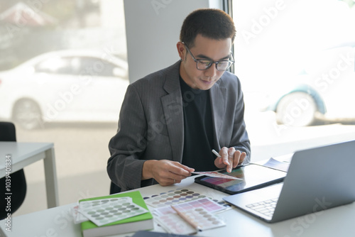 Business asian Man Artist Creative Designer sketch graphic drawing on graphic laptop and Color swatch samples Concept of idea creativity