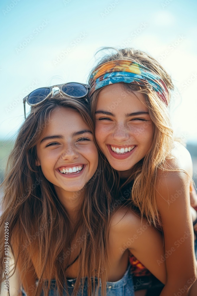 Funny friends piggybacking and laughing outdoors, Generative AI Funny friends piggybacking and laughing outdoors, Generative AI