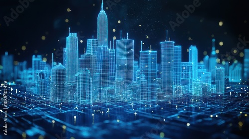 Holographic cityscape in wireframe style, envisioned in a serene blue against darkness.
