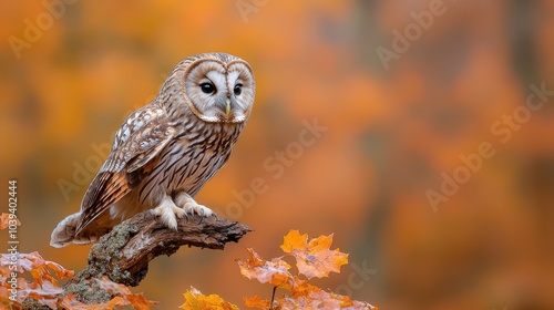 An owl perched on a branch surrounded by autumn leaves, showcasing vibrant orange and brown colors. photo