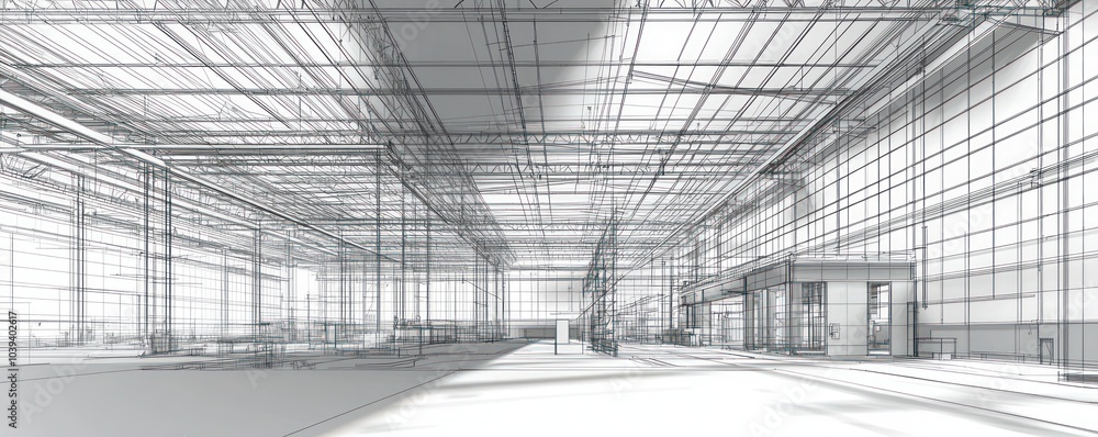 Steel frame workshop site visualized through a precise technical drawing. Steel frame workshop site visualized through a precise technical drawing.