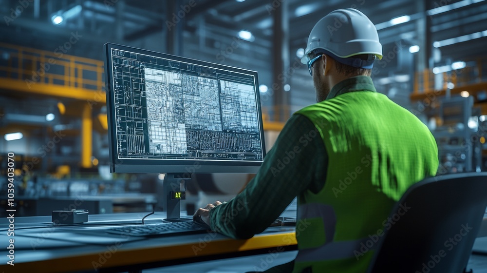 Engineer reviewing a project: An engineer interacts with complex technical schematics on a digital screen in a state-of-the-art industrial environment Engineer reviewing a project: An engineer interacts with complex technical schematics on a digital screen in a state-of-the-art industrial environment