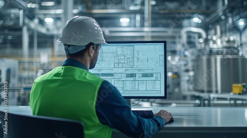 Engineer reviewing a project: An engineer inspects intricate technical plans displayed on a screen in a sophisticated industrial workspace