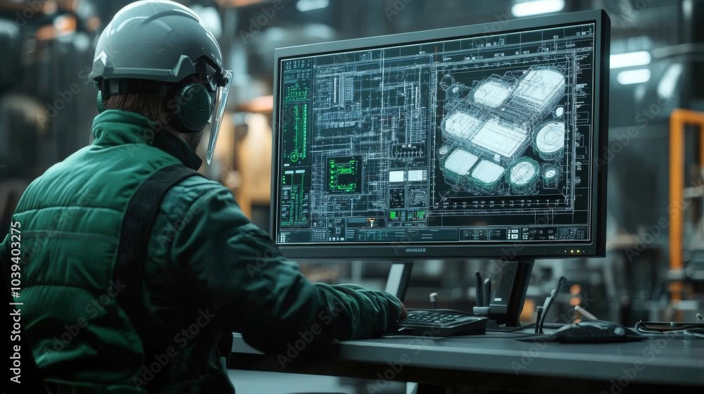 Engineer reviewing a project: An engineer manages detailed technical drawings on a screen in a high-tech industrial facility Engineer reviewing a project: An engineer manages detailed technical drawings on a screen in a high-tech industrial facility