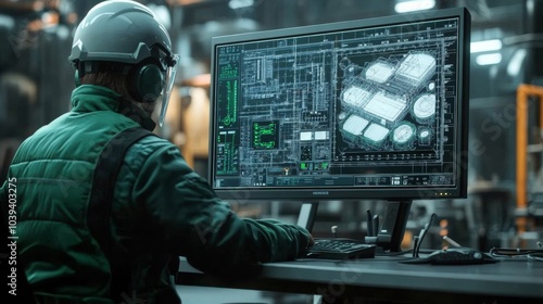 Engineer reviewing a project: An engineer manages detailed technical drawings on a screen in a high-tech industrial facility