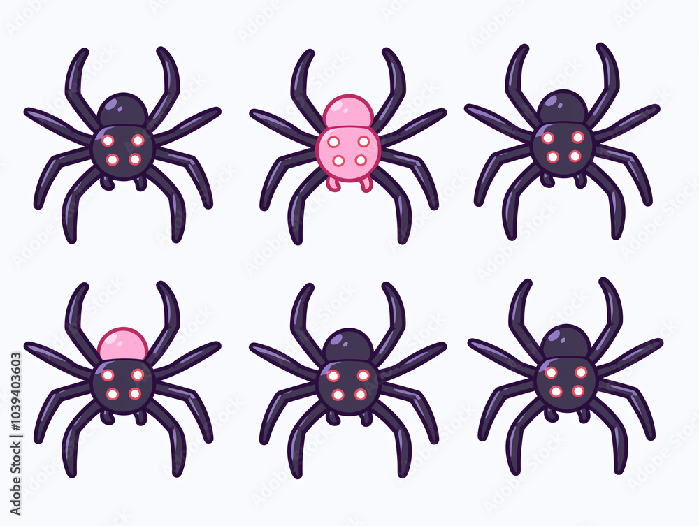 Cute Black and Pink Spiders - Vector Illustration