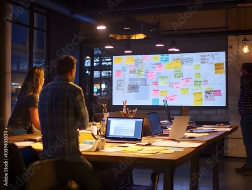 Team brainstorming session in a modern office with colorful sticky notes, laptops, and collaborative energy.