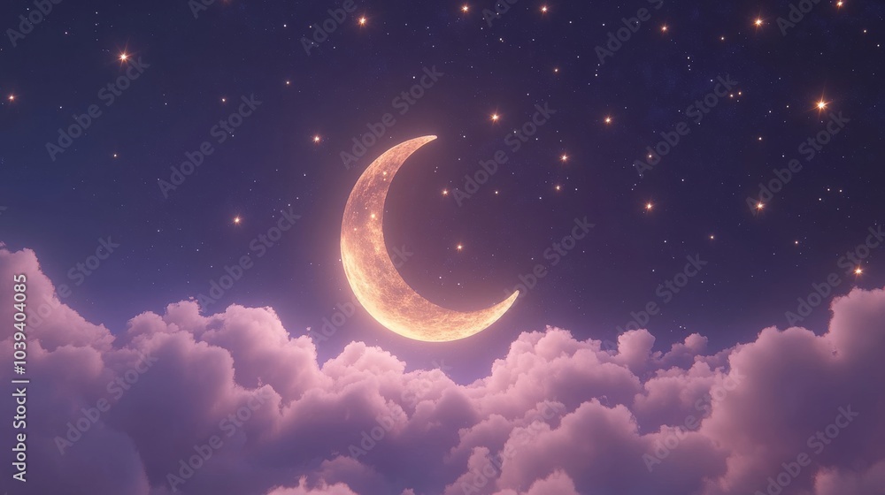 2408 20.A beautifully rendered crescent moon with soft 3D shading, surrounded by twinkling stars and fluffy clouds, floating in a calm night sky with a dreamy atmosphere. 2408 20.A beautifully rendered crescent moon with soft 3D shading, surrounded by twinkling stars and fluffy clouds, floating in a calm night sky with a dreamy atmosphere.