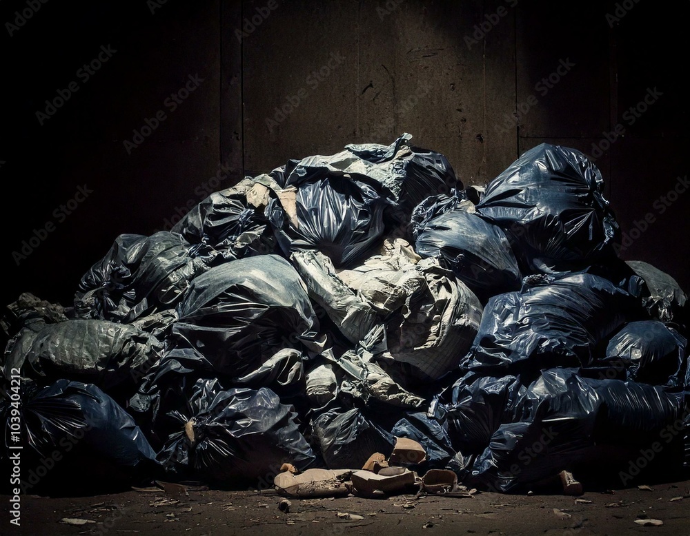 A massive pile of black garbage bags stacked in a dimly lit alley, representing waste accumulation and urban environmental issues. A massive pile of black garbage bags stacked in a dimly lit alley, representing waste accumulation and urban environmental issues.