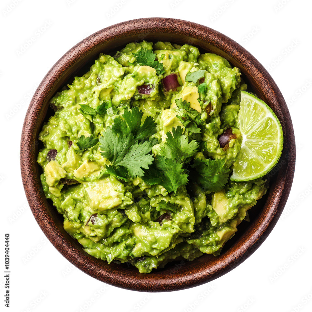 A bowl of fresh guacamole with avocado, lime, and cilantro. isolated on transparency background A bowl of fresh guacamole with avocado, lime, and cilantro. isolated on transparency background