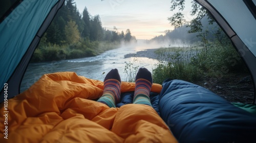 2408 8.Inside view of a cozy tent with a pair of feet in colorful socks sticking out from a sleeping bag, facing a tranquil river at dawn with mist gently rising from the water. photo