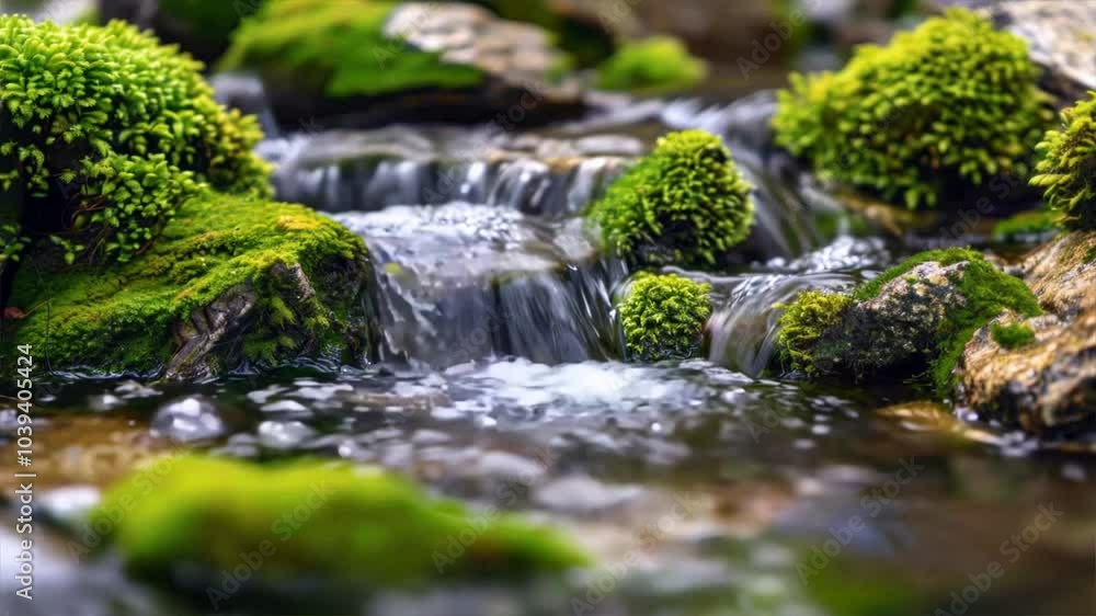 Tranquil Landscape Serene Stream Flowing Over Rocks, Embraced by Greenery and Vibrant Moss, Inviting Reflection and Peace in Natures Beauty Tranquil Landscape Serene Stream Flowing Over Rocks, Embraced by Greenery and Vibrant Moss, Inviting Reflection and Peace in Natures Beauty