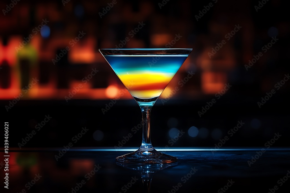 A stylish cocktail glass with colorful layers, illuminated against a dark bar backdrop, creating a dramatic effect, designed for commercial imagery, ample space for text A stylish cocktail glass with colorful layers, illuminated against a dark bar backdrop, creating a dramatic effect, designed for commercial imagery, ample space for text