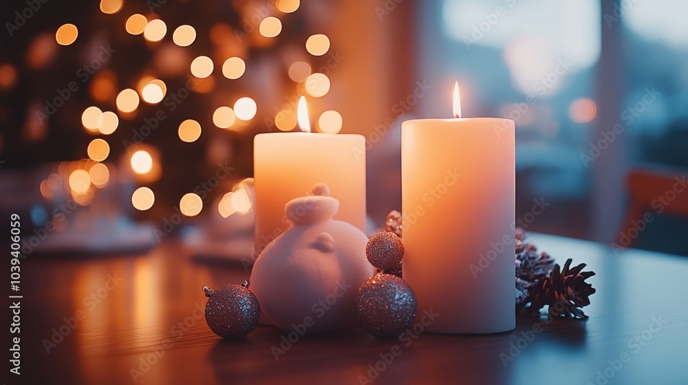 Cozy Christmas Table Setting with Candles Ornaments and Pine Cones Cozy Christmas Table Setting with Candles Ornaments and Pine Cones