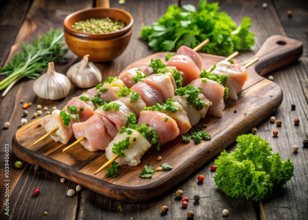 Fresh Raw Chicken Skewers Seasoned with Garlic Sauce and Greens on a Wooden Cutting Board for Culinary Photography Fresh Raw Chicken Skewers Seasoned with Garlic Sauce and Greens on a Wooden Cutting Board for Culinary Photography