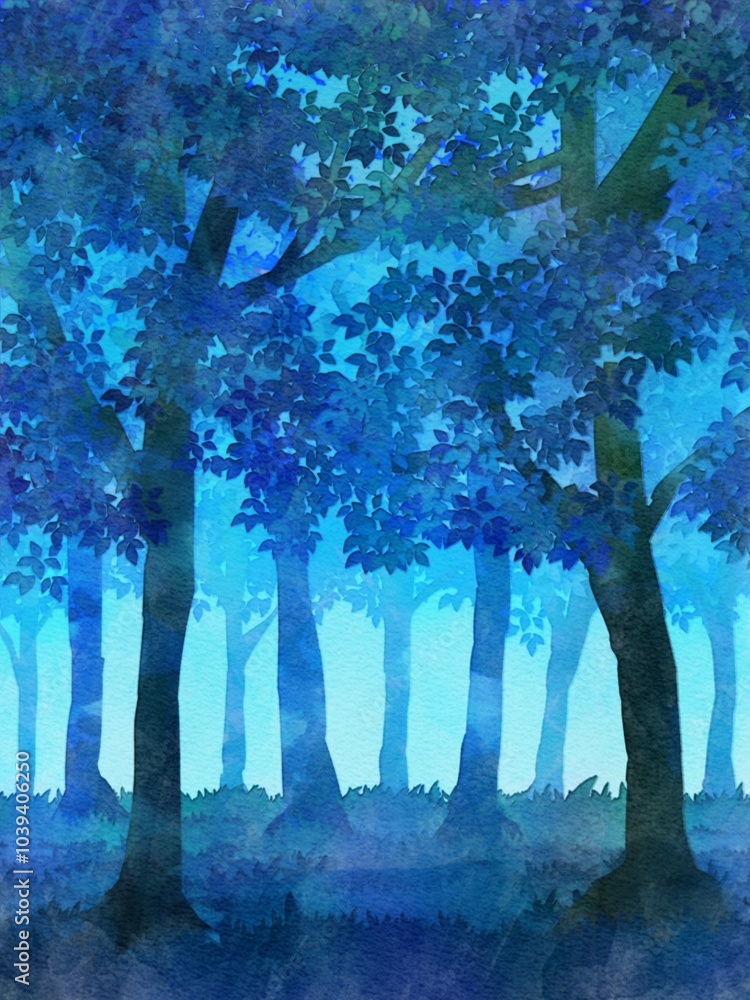 Fototapeta premium 青い夜の森 水彩風 風景イラスト