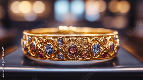 Custom gold bracelet with intricate goldwork and precious gemstone inlays reflecting light in a luxury showroom evoking timeless craftsmanship