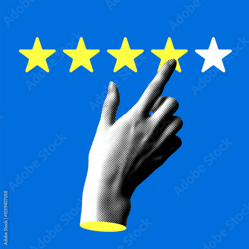 Modern collage with halftone hand pressing on star. Customer review. User rates a product online. Give feedback