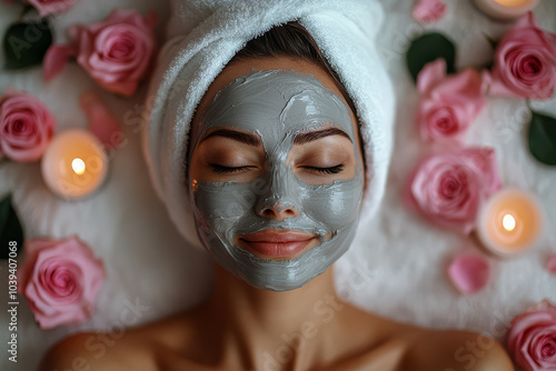 woman enjoys relaxing spa treatment with grey clay face mask, surrounded by pink rose petals and lit candles, creating serene and calming atmosphere