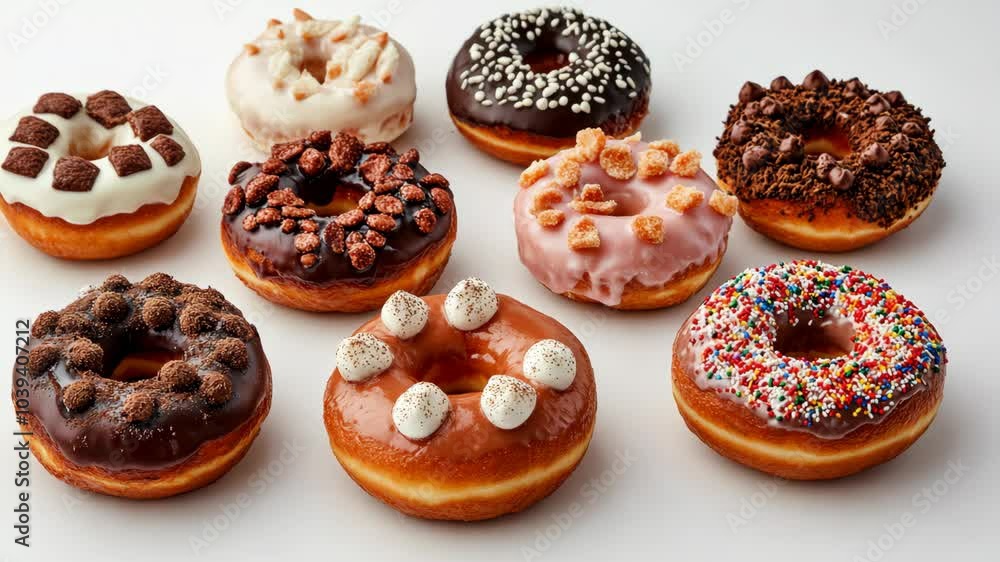 A variety of eight donuts with different toppings are arranged on a white surface A variety of eight donuts with different toppings are arranged on a white surface