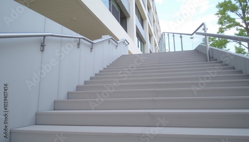 Modern concrete stairs with stainless steel railings leading up to a building with a blue sky.
 #1039407456