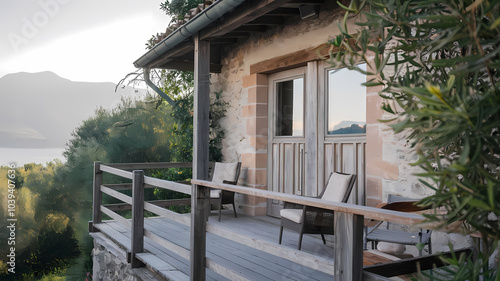 Wallpaper Mural Charming stone cottage with a wooden deck overlooking lush greenery and tranquil waters, ideal for a peaceful getaway in nature. Perfect for relaxation and scenic views. Torontodigital.ca