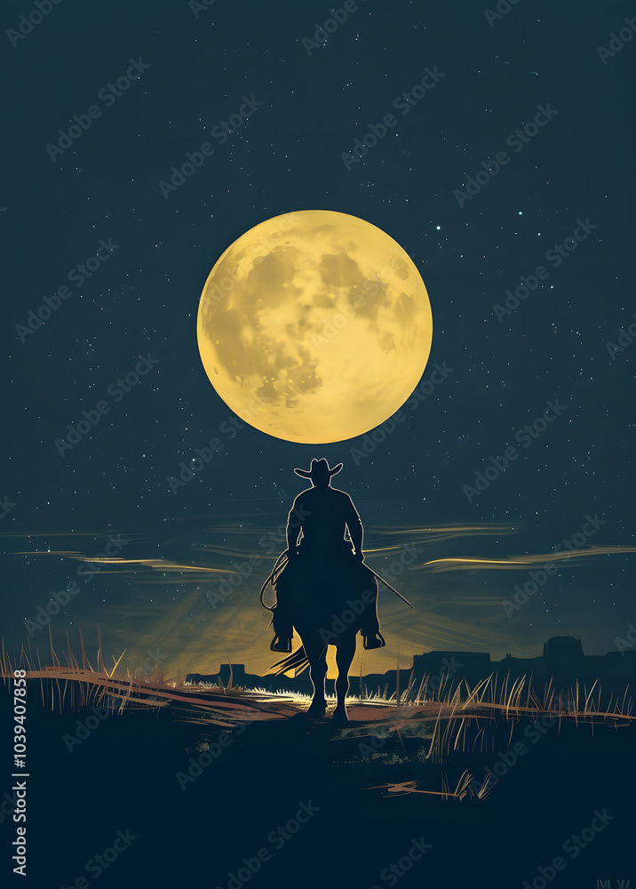 The illustration depicts a lone cowboy riding a horse in the vast Western desert under a starry night sky, evoking feelings of solitude, adventure, and mystery amidst the tranquil landscape The illustration depicts a lone cowboy riding a horse in the vast Western desert under a starry night sky, evoking feelings of solitude, adventure, and mystery amidst the tranquil landscape