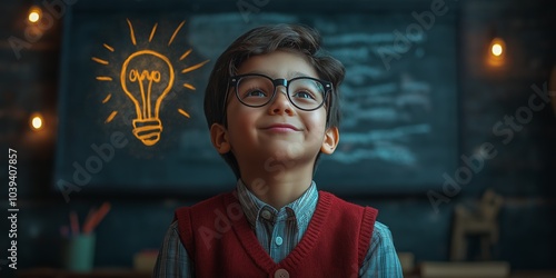 Smiling Indian kid with light bulb, symbolizing a bright idea, creativity, and innovative thinking.