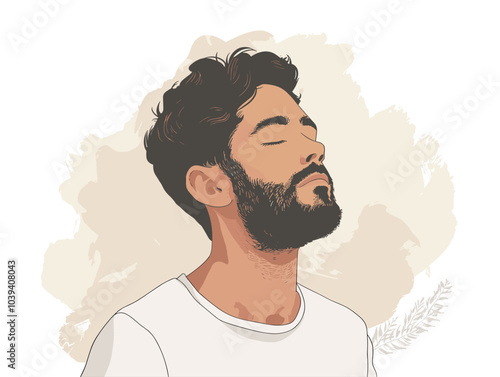 white background, Taking deep breaths and practicing relaxation techniques when feeling stressed - isolate the man against a background of deep breathing exercises., very simple and isolate in the art