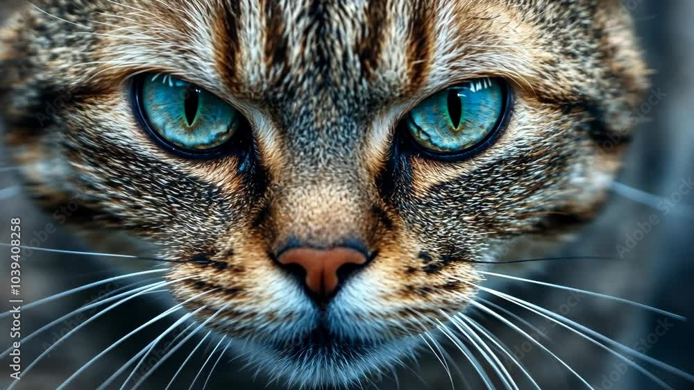 A close-up of a tabby cat's face with bright blue eyes A close-up of a tabby cat's face with bright blue eyes