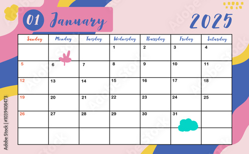 2025 table January monthly calendar week start on Sunday with colorful style for horizonral printable design