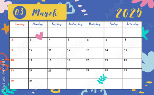 2025 table March monthly calendar week start on Sunday with colorful style for horizonral printable design