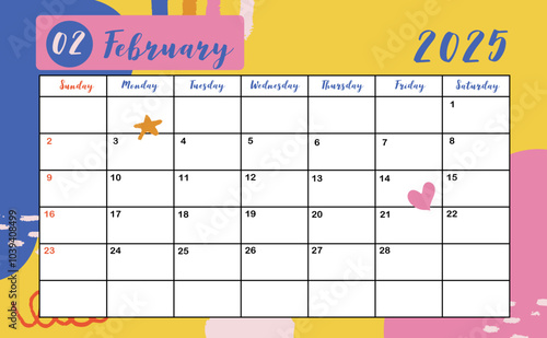 2025 table February monthly calendar week start on Sunday with colorful style for horizonral printable design