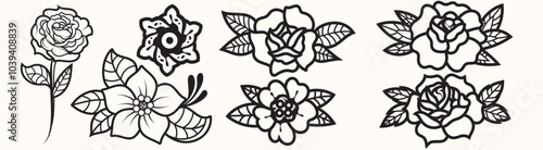 Set of Traditional Line flower surreal illustration, badges, print for t-shirt.