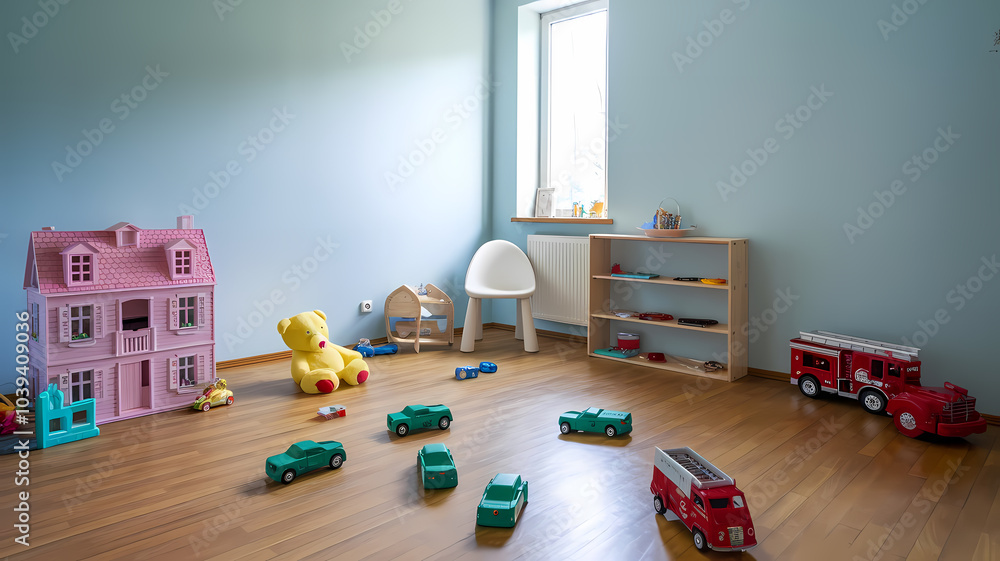Bright and playful children's playroom featuring a dollhouse, various toy cars, a plush bear, and a white chair, all set against a light blue wall and wooden floor. Bright and playful children's playroom featuring a dollhouse, various toy cars, a plush bear, and a white chair, all set against a light blue wall and wooden floor.