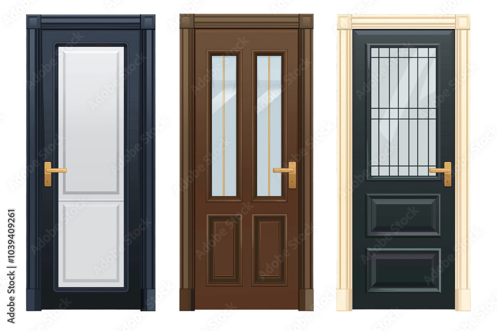 Set of different modern interior doors, isolated on a transparent background. Set of different modern interior doors, isolated on a transparent background.