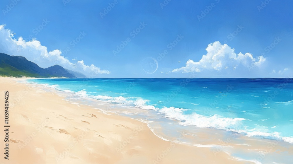 Tranquil Beach Scene with Clear Blue Sky White Sand and Gentle Waves Tranquil Beach Scene with Clear Blue Sky White Sand and Gentle Waves