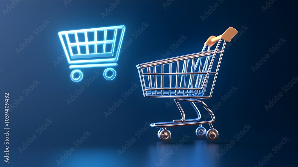 Floating Hologram of a Digital Shopping Cart for Cyber Monday Sale in Blue Hue Floating Hologram of a Digital Shopping Cart for Cyber Monday Sale in Blue Hue