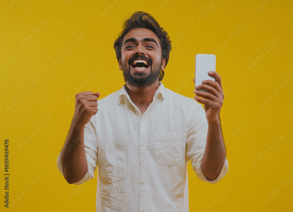 Excited Indian Man Holding Phone, Celebrating Success on Yellow Background Excited Indian Man Holding Phone, Celebrating Success on Yellow Background