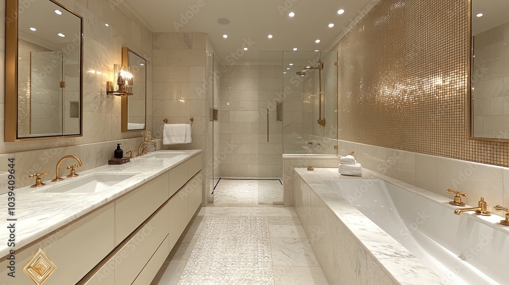 Fototapeta premium Elegant modern bathroom with marble finishes and stylish fixtures.