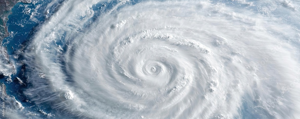 Aerial view of a powerful hurricane swirling over the ocean, dramatic cloud formations. Aerial view of a powerful hurricane swirling over the ocean, dramatic cloud formations.