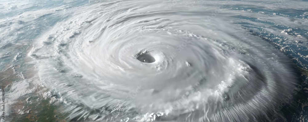 Hurricane spiral forming over ocean, aerial view against blue backdrop. Hurricane spiral forming over ocean, aerial view against blue backdrop.