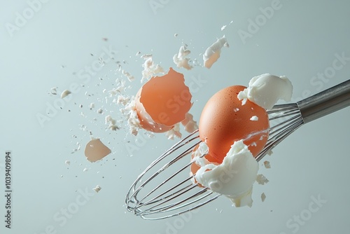 A dynamic image of eggs being cracked open with a whisk in motion, set against a blank background, suitable for commercial advertisements, capturing the action and movement. photo