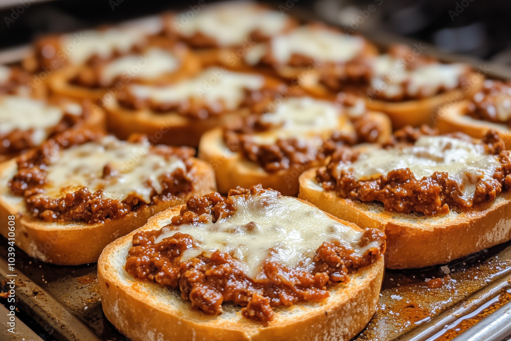 Cheesy beef toast slices baked on a tray Cheesy beef toast slices baked on a tray
