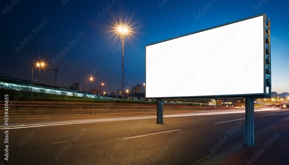 Blank white billboard on the background of the highway at evenin Blank white billboard on the background of the highway at evenin