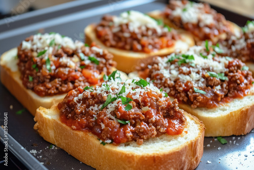 Bruschetta with meat sauce and fresh herbs