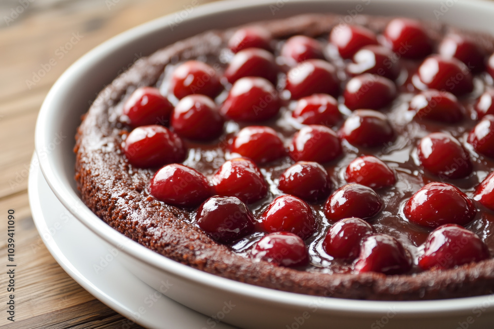 Chocolate cherry upside-down cake in pan Chocolate cherry upside-down cake in pan